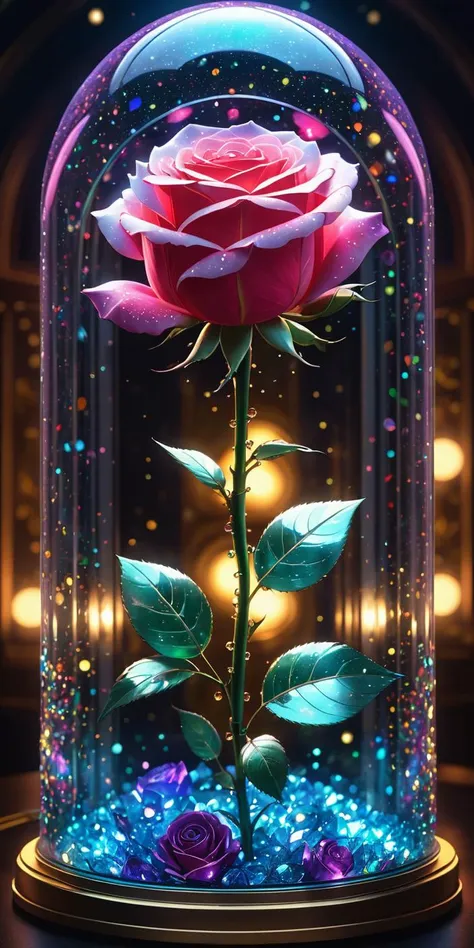 a rose in a glass dome with a light inside