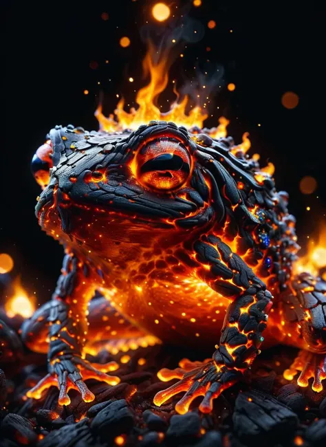 a close up of a fire frog sitting on top of a pile of rocks