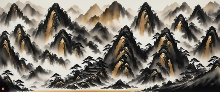 big long brushstrokes of deep black sumi-e turning into symbolic painting of "Dwarven Landslide", master level raw art, best quality, high resolution