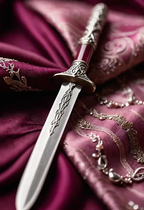 a close up of a knife on a purple cloth with a gold pattern