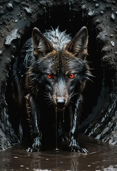 there is a wolf that is standing in a hole in the mud