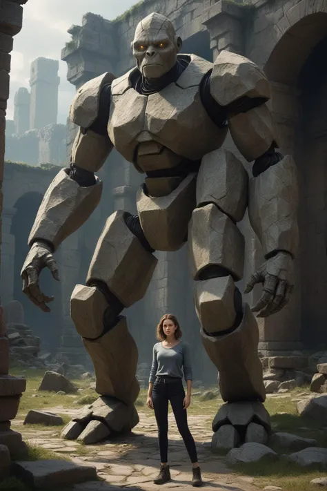 a woman standing in front of a giant robot in a ruined building