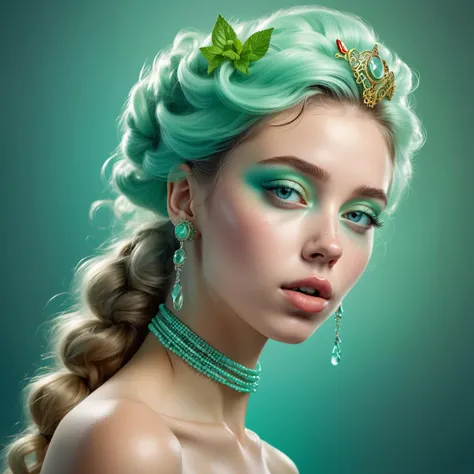 Portrait, masterpiece Vector Art, elegant (21yo Goddess hybrid:1.1) , the 21yo Goddess hybrid are Funny, [Soothing|Floating] Nose Ring, Ultrarealistic, 800mm lens, CineColor, vibrant, Mint green mist, stylized by Hans Zatzka, Ultra Realistic,Skin Pours,Sof...