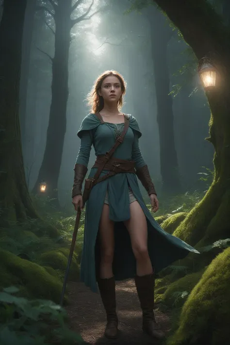 a woman in a blue dress and brown boots stands in the woods