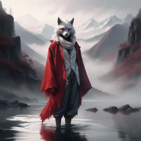 Bold,Clean,Perfection, painting, (21yo Buff Furry Humanoid:1.2) , dressed in Ghostly Clothed, mountains and water, Foggy, [art by Sana Takeda: Modern Disney:15], dark red hue, Soft Light,Christmas,Unique Location,Full Body