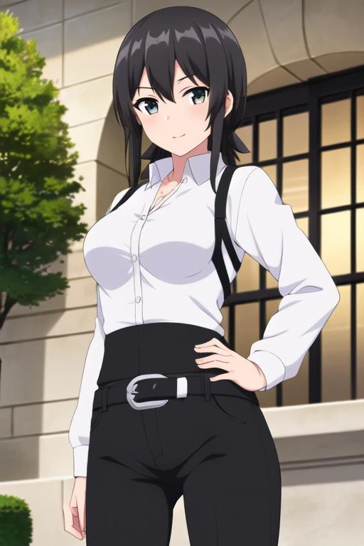 ((masterpiece, best quality)),1girl,standing,indoors,medium breasts,belt, elna stongs, elna, ore dake haireru, belt_buckle, black_hair, black_pants, long_sleeves, looking_at_viewer, outdoors, pants,standing, white_shirt, <lora:elnamix:0.75>