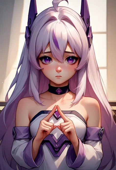 anime girl with long hair and purple dress holding a cell phone