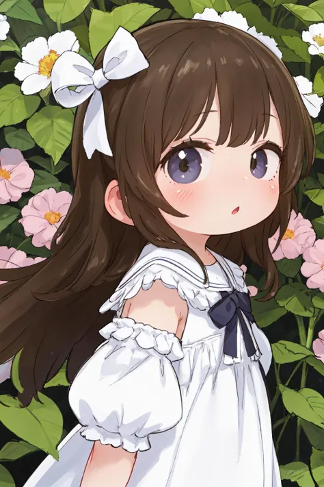 a close up of a girl in a white dress standing in front of flowers