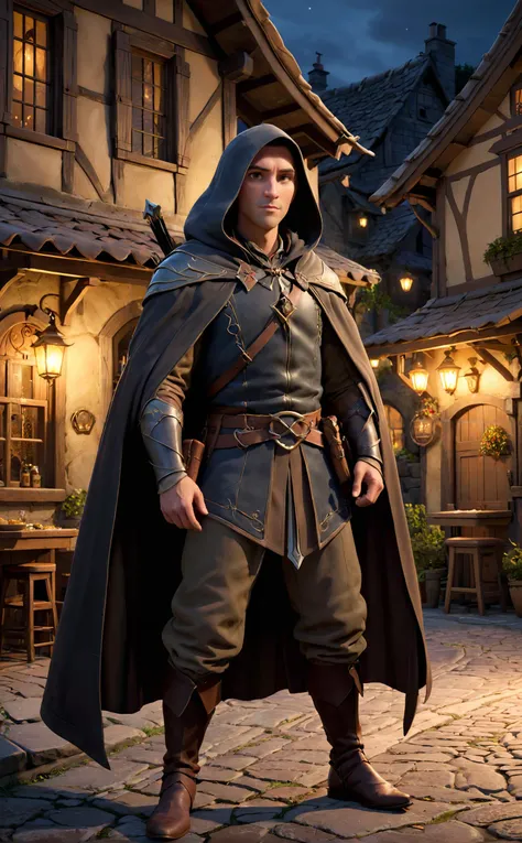 1 man,middle aged, As a watchman and scout who protects the village, he is a mixed race between a high elf and a human. 
Break, He wears a light leather outfit old worn from a long journey, a black brown cotton hooded cloak, and is armed with a bow and a l...