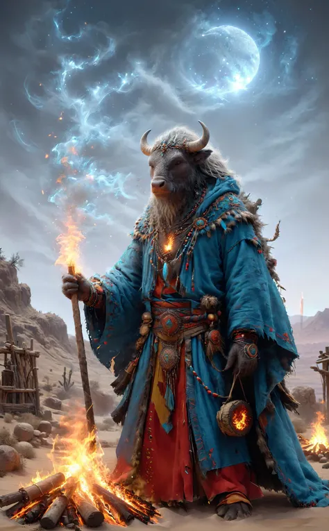A old aged water buffalo from the western United States wearing a shamans outfit and a hooded cloak that follows the spirits of nature, such as wind and fire, with a shaman stick and travel baggage in one hand, smoking a cigar in front of a bonfire and pra...