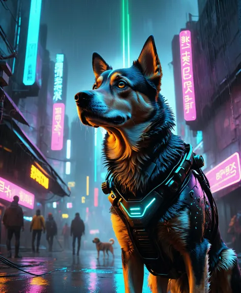 8k, best quality, masterpiece, (realistic), ultra-detailed, cyberpunk, highly detailed digital art masterpiece, low angle, hd 8k, sharp focus, dog in a dystopian city, cybernetic implants, neon, glowing, rain, cybernetic eye