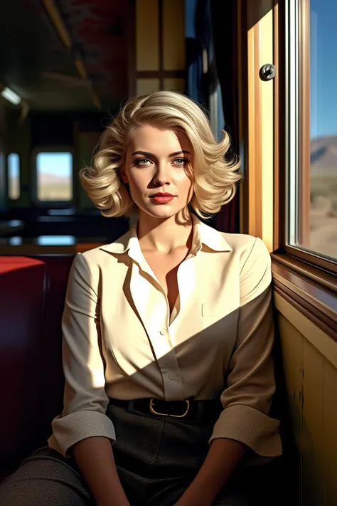 photo, realistic, masterpiece, 8k, sfw, (1950s Greaser clothing, 1950s aesthetic), vivid colors, upper body, stylish classy blonde woman, photograph by Helmut Newton, old train car diner, peeling paint, desert background, cactus, rosy brown, (cinematic mov...