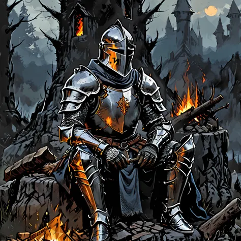 best quality, masterpiece, ultra detailed, a knight sitting next to a campfire, wearing armor, fantasy, medieval, artwork, <lora:Dark_Novel:0.8>