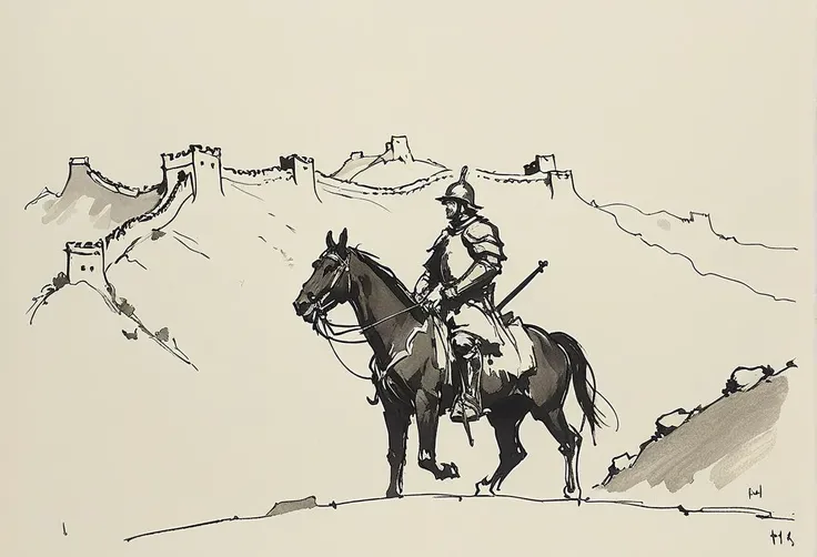 black and white drawing,by Greg Manchess,medieval,a huns soldier on horseback,looking at the great wall of china helplessly,abstract expressionist painting sketch|line art sketch|sketching lines,<lora:my_sketching_style:1>,