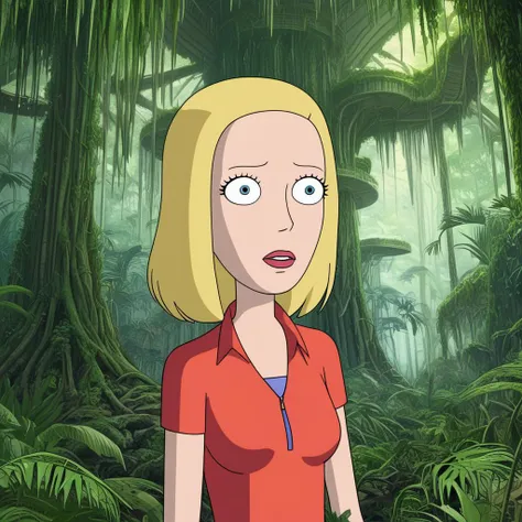 beth smith, standing in a rainforest, intricately detailed anime artwork, beautiful eyes, overgrown temple backdrop