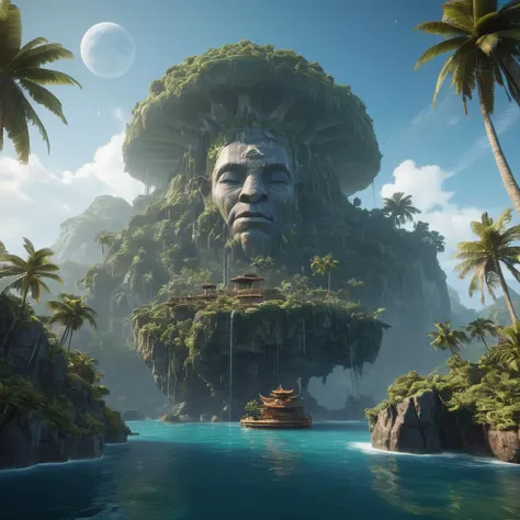 masterpiece,lifelike,realistic,8k,dynamic,celestial giant,tropical paradise on a floating island,trending on artstation,raytracing