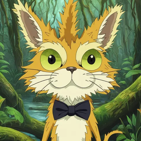 intricately detailed anime artwork of squanchy, in a rainforest, beautiful eyes, black bowtie