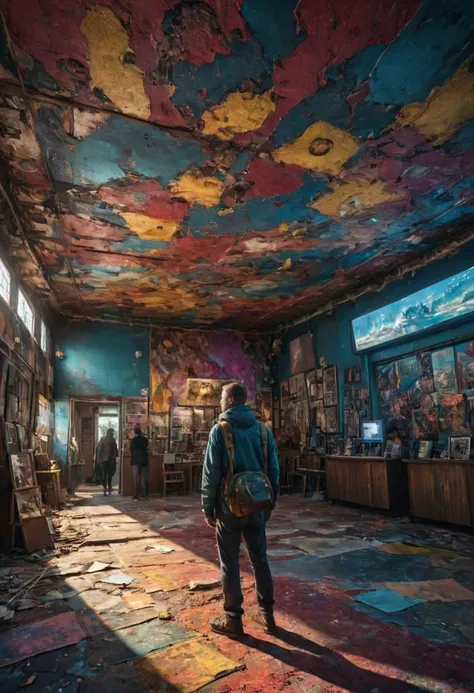 a man standing in a room with a ceiling covered in paint