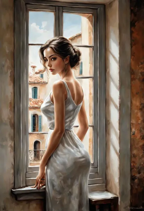 a painting of a woman in a white dress looking out a window