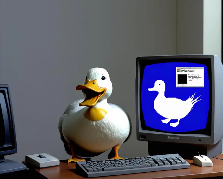 there is a duck that is sitting on a desk next to a computer