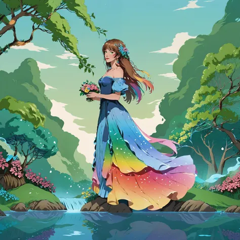 mgcilu. An woman stands in an enchanted garden, her dress woven from shimmering, liquid petals that seem to flow like a gentle stream as she moves. The garden is a surreal landscape, with flowers that play soft music and trees that bear fruits in every col...