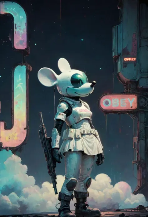 a cartoon mouse standing in front of a neon sign with a gun