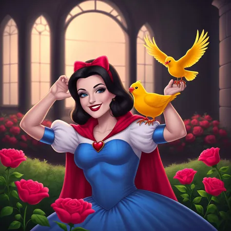 snow white dancing , a little yellow bird sitting on her hand, smiling, in garden,