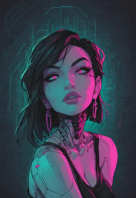 a vibrant digital artwork, characterized by a pixelated texture and a vivid color palette featuring a detailed, futuristic humanoid female alluring robot with a sleek slender body with sharp, angular lines and intricate detailing. The overall style is remi...