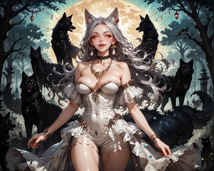 score_9, score_8_up, score_7_up, score_6_up, (1girl,solo), kitsune girl, fox ears, silver hair, fangs, long fluffy tail, ((lace skirt, short dress, white dress)), (huge saggy breasts, long flowy silver hair), necklaces, strapless, extremely detailed, ((bea...