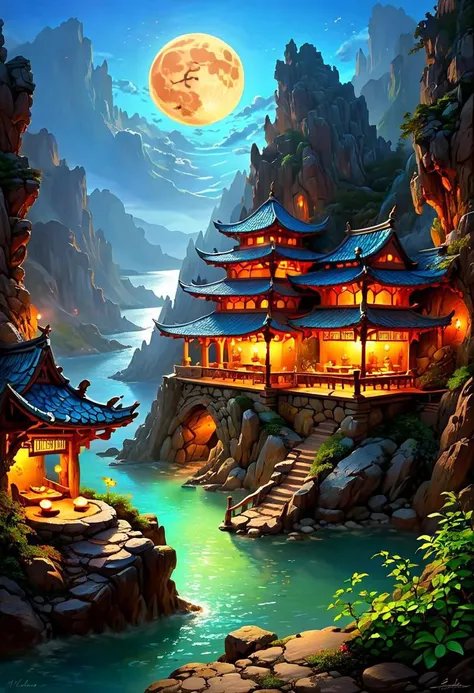 In a vibrant landscape under a calm sky, an oriental  medieval fantasy teahouse spans across  chasm filled with jagged rocks in a magical oriental landscape. The full moon casts a peaceful light over the scene.  The moonlight reveals the live plants scatte...