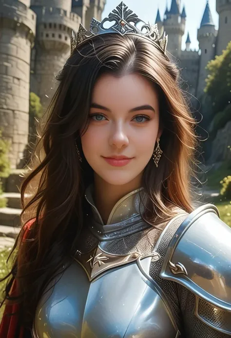 score_9, score_8_up, score_7_up, 1girl, dark-brown hair, long hair, very long hair, seductive smile, expression, looking at the viewer, body focus, Expressiveh, knight, paladin, armor, full chestplate, castle