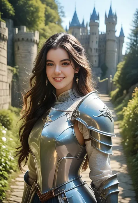 score_9, score_8_up, score_7_up, 1girl, dark-brown hair, long hair, very long hair, seductive smile, expression, looking at the viewer, body focus, Expressiveh, knight, paladin, armor, full chestplate, castle