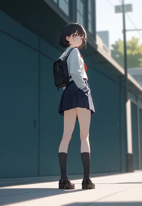 score_9, score_8_up, score_7_up, 1girl, solo, socks, black hair, shoes, bag, looking at viewer, black socks, backless school uniform, standing, skirt, outdoors, blurry, bangs, long sleeves, loafers, kneehighs, black footwear, pleated skirt, indoor, serafuk...