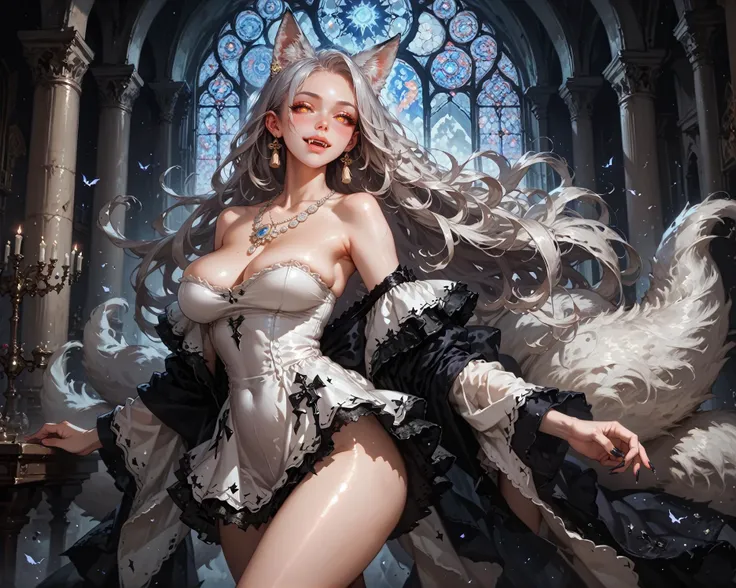 score_9, score_8_up, score_7_up, score_6_up, (1girl,solo), kitsune girl, fox ears, silver hair, fangs, long fluffy tail, ((lace skirt, short dress, white dress)), (huge saggy breasts, long flowy silver hair), necklaces, strapless, beautiful girl, cosmic ho...