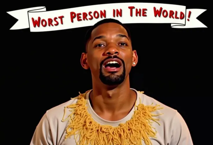 Will Smith sobbing and vomiting spaghetti. (A banner above him with text: “Worst Person in the World!”)