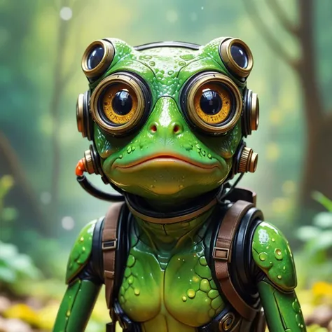 tilt-shift photo of  . selective focus, close up, miniature effect, blurred background, highly detailed, vibrant, perspective control, natural  Tilt Shot  (by Gustav Klimt, (masterful and beautiful:1.4), female frog with gas mask, hyper detailed, expressiv...