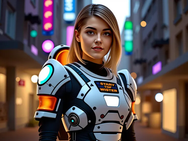 a young woman wearing a AR Space Suit , a futuristic  town  in the style of a mix of cyberpunk and futuristic with detailed detail in the style of Chris Foss ,