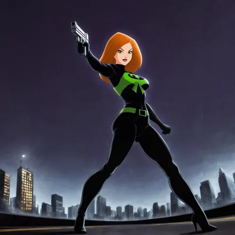 Kim Possible, superhero suit, city street, superhero pose, with a gun, dynamic shot, wide angle