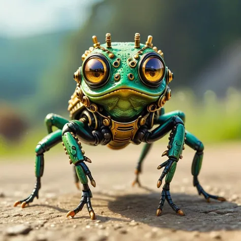 tilt-shift photo of  . selective focus, close up, miniature effect, blurred background, highly detailed, vibrant, perspective control, natural  Tilt Shot  (by Gustav Klimt, (masterful and beautiful:1.4), female frog with gas mask riding on a big hornet, hy...