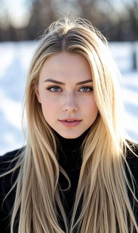 professional photo portrait of a beautiful German woman, natural blonde, blue eyes, outside, winter, snow, sunshine, golden hour, ((dark eyeliner, eye shadow)), [[[lipstick]]]