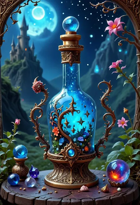 witchcraft, best quality, reality-shot, realism, realistic photography of a fantastical bottle with whimsical elements, magical fairytale landscape, elaborate fantasy style art, electric blue theme, intricate details, ultra sharp, exquisite detail, flawles...