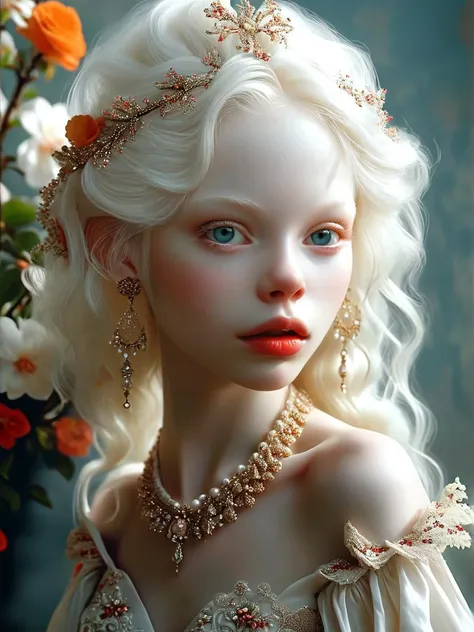 (Unfiltered Professional 3D rendering:1.3) of (Cel shading:1.3),(Peaceful:1.3) Hazelnut, serene,witty, Fantasy aesthetics,, (albino:1.3) (nymph:1.3), (albinism:1.4), mischievous quarter-elf woman, full body, wearing an intricately adorned dress, mysterious...