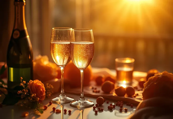 luxurious life, still-life, sparkling wine, Glare Effects, Golden Hour, 64K UHD, breathtaking attention to detail, Professional photo, Lomography Color Negative 800, VistaVision, 