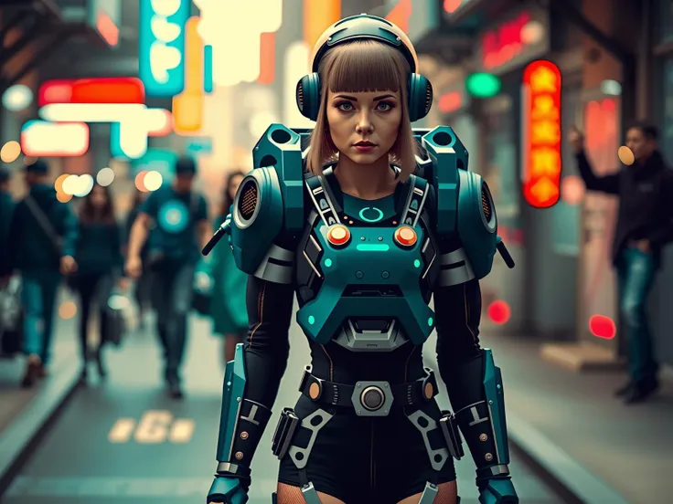 biomechanical cyberpunk a young woman wearing a Electromagnetic Overall , a futuristic  town  in the style of soft lighting Radial Blur and Tilt-Shift Blur and Depth of Field Blur and Swirl Bokeh , , biopunk with detailed detail in the style of Syd Mead ,,...