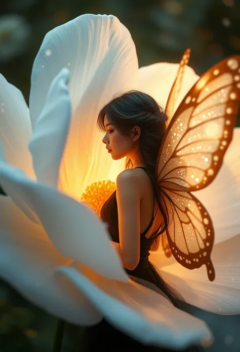 mystic dreamy atmosphere, Realistic photo of beautiful Fairy girl into the core of the (large white blossom:1.3), macro flower, side view, A real brunette girl with realistic skin in black dress, Giant Butterfly wings on the back, Blossom sparkling with li...