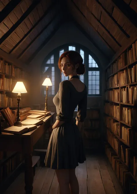 a woman standing in a room with a lamp and books