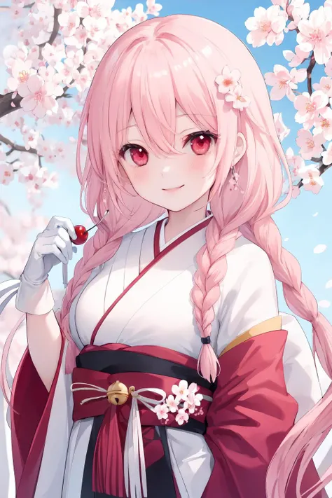 1girl, pink hair, bell, solo, braid, cherry blossoms, smile, long hair, red eyes, gloves, jingle bell, white gloves, looking at viewer, holding, hair ornament, twin braids, upper body, japanese clothes, branch, flower, bangs, hair between eyes, bright eyes...