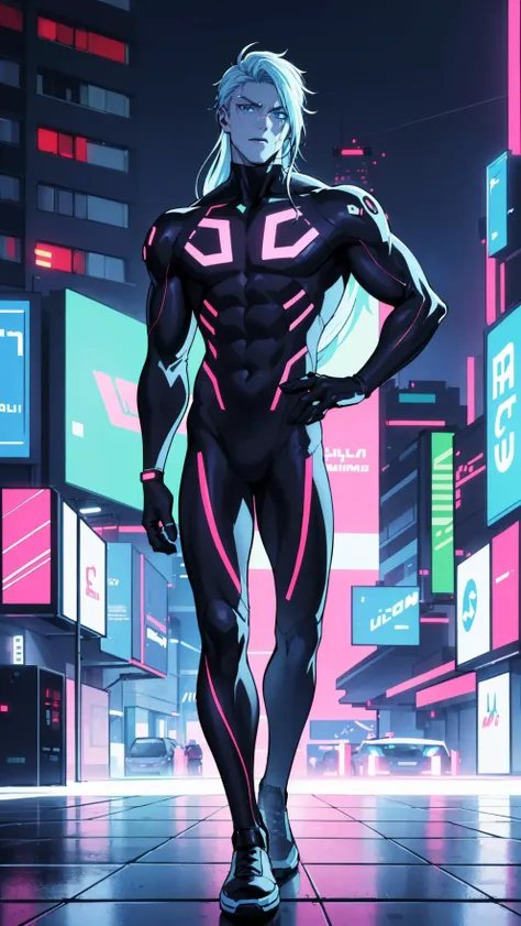 masterpiece, (1man), (full body),tall muscular young man, bodysuit, in front of a television screen with a neon background and a lot of TVs, Aya Goda, synthwave style, cyberpunk art, retrofuturism, (white long hair:1), symmetrical eyes, blue eyes, eyeshado...