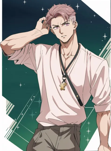 1boy, (1man), (male:1.2), mature, dashing face, finely detailed eyes and face, lean, masculine appeal, commanding presence, sinewy torso, sienna skin__, BuildAMan/1man-poses__, chinos, pink eyes, dark ash hair, bald head, elaborate, keychains,