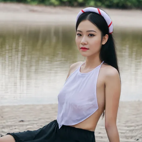 (full body wide shot:1.7), realistic, professional photograph of 18 years old (Vietnamese girl wear aoyem) (rise hand, standing on the beach), (mung headband), long pants, fine art parody, (see-through), sideboob, dynamic background, dynamic composition, g...